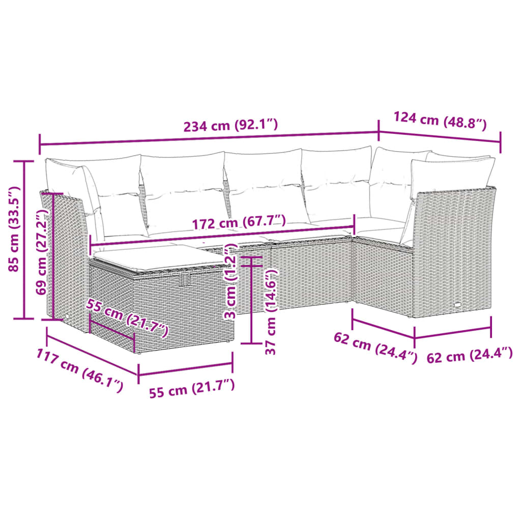 sofasæt til haven 6 dele med hynder polyrattan sort