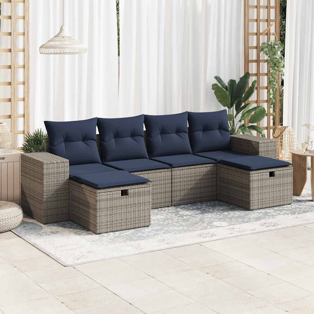 sofasæt til haven 6 dele med hynder polyrattan grå