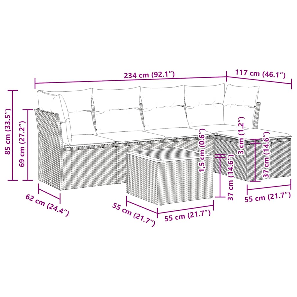 sofasæt til haven 6 dele med hynder polyrattan sort