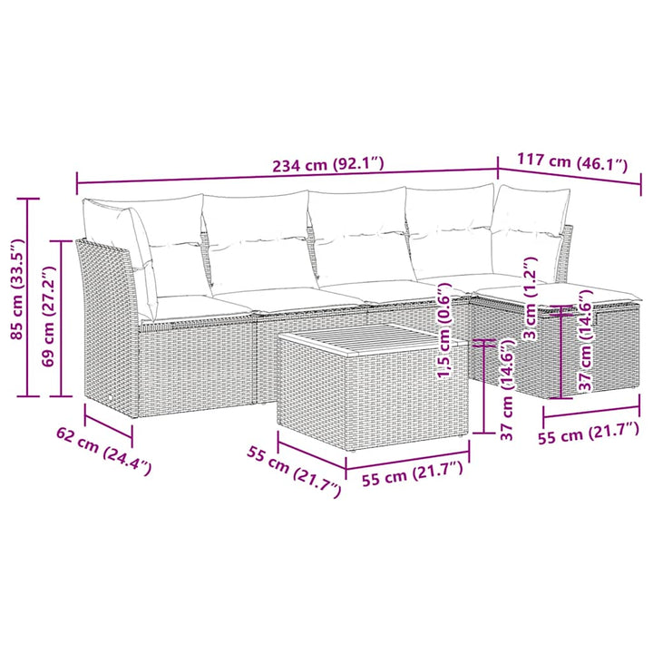 sofasæt til haven 6 dele med hynder polyrattan sort