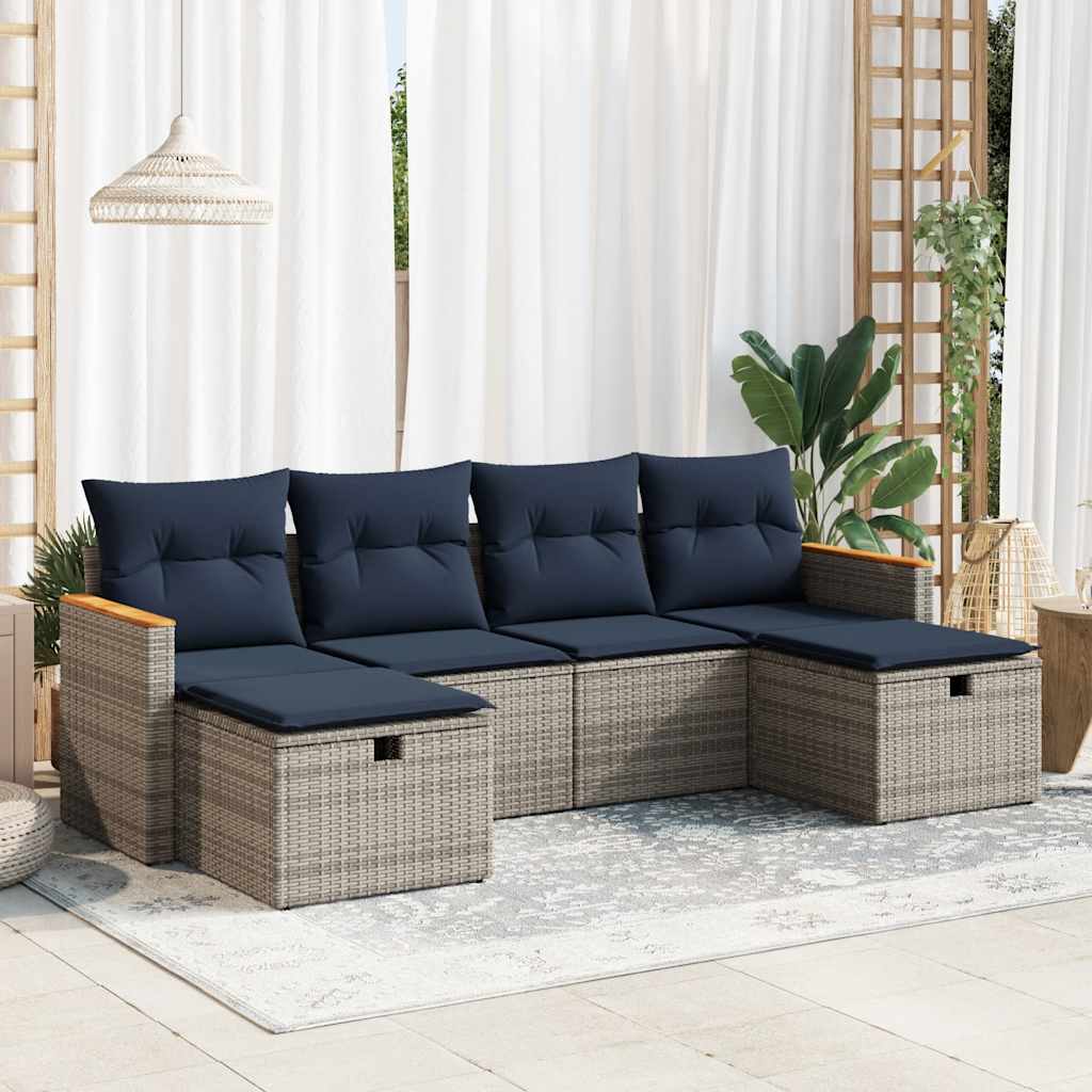 sofasæt til haven 6 dele med hynder polyrattan grå