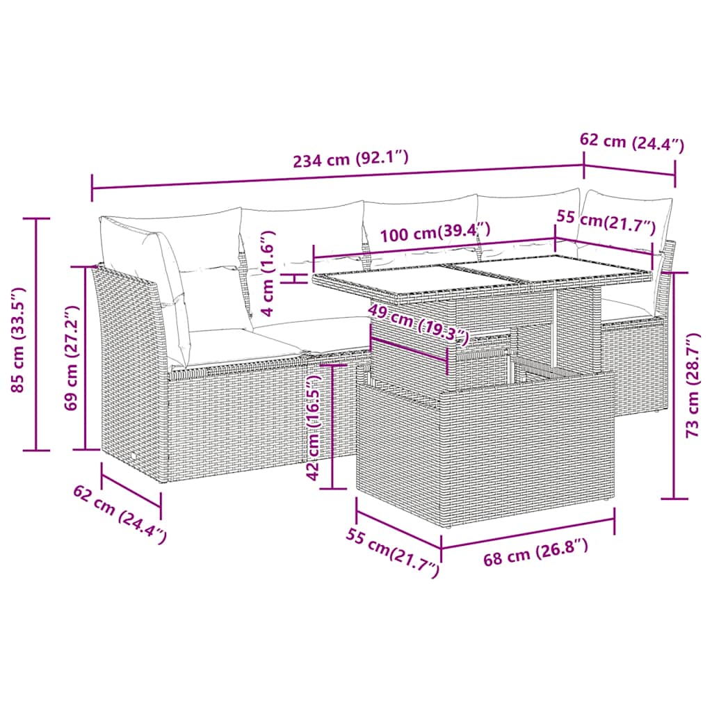 sofasæt til haven 5 dele med hynder polyrattan beige