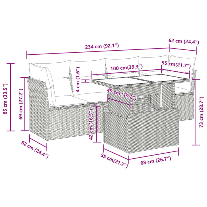 sofasæt 5 dele med hynder polyrattan grå