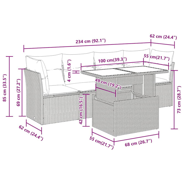 sofasæt 5 dele med hynder polyrattan akacietræ grå