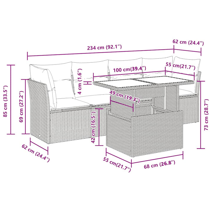 sofasæt 5 dele med hynder polyrattan lysegrå