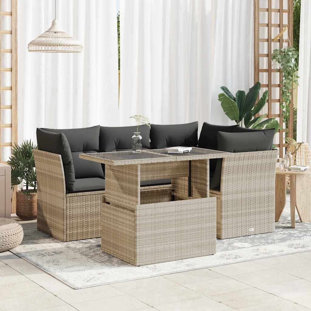 sofasæt 5 dele med hynder polyrattan lysegrå