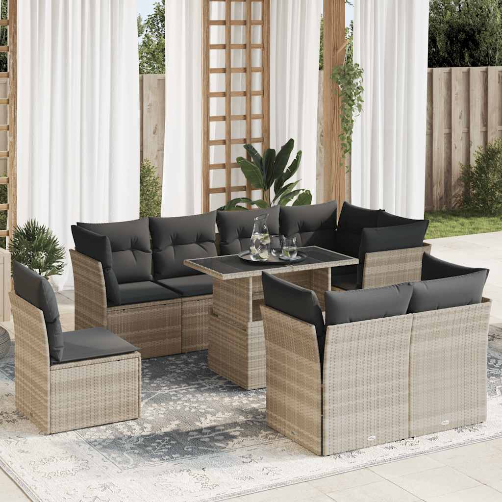 sofasæt til haven 9 dele med hynder polyrattan lysegrå
