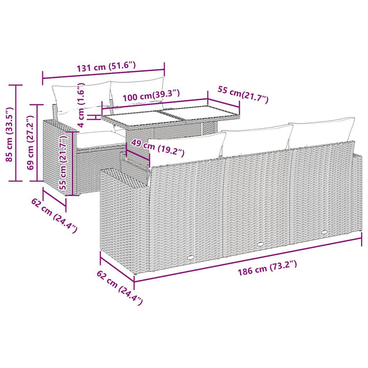 sofasæt til haven 6 dele med hynder polyrattan akacietræ brun