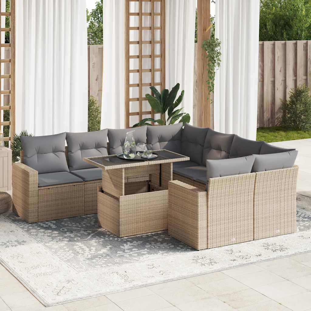 sofasæt til haven 9 dele med hynder polyrattan beige