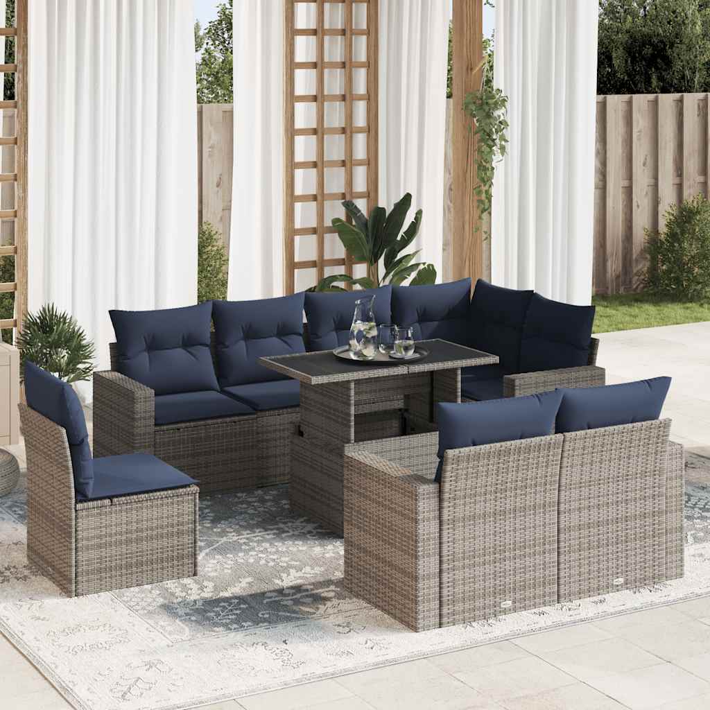 sofasæt til haven 9 dele med hynder polyrattan akacietræ grå