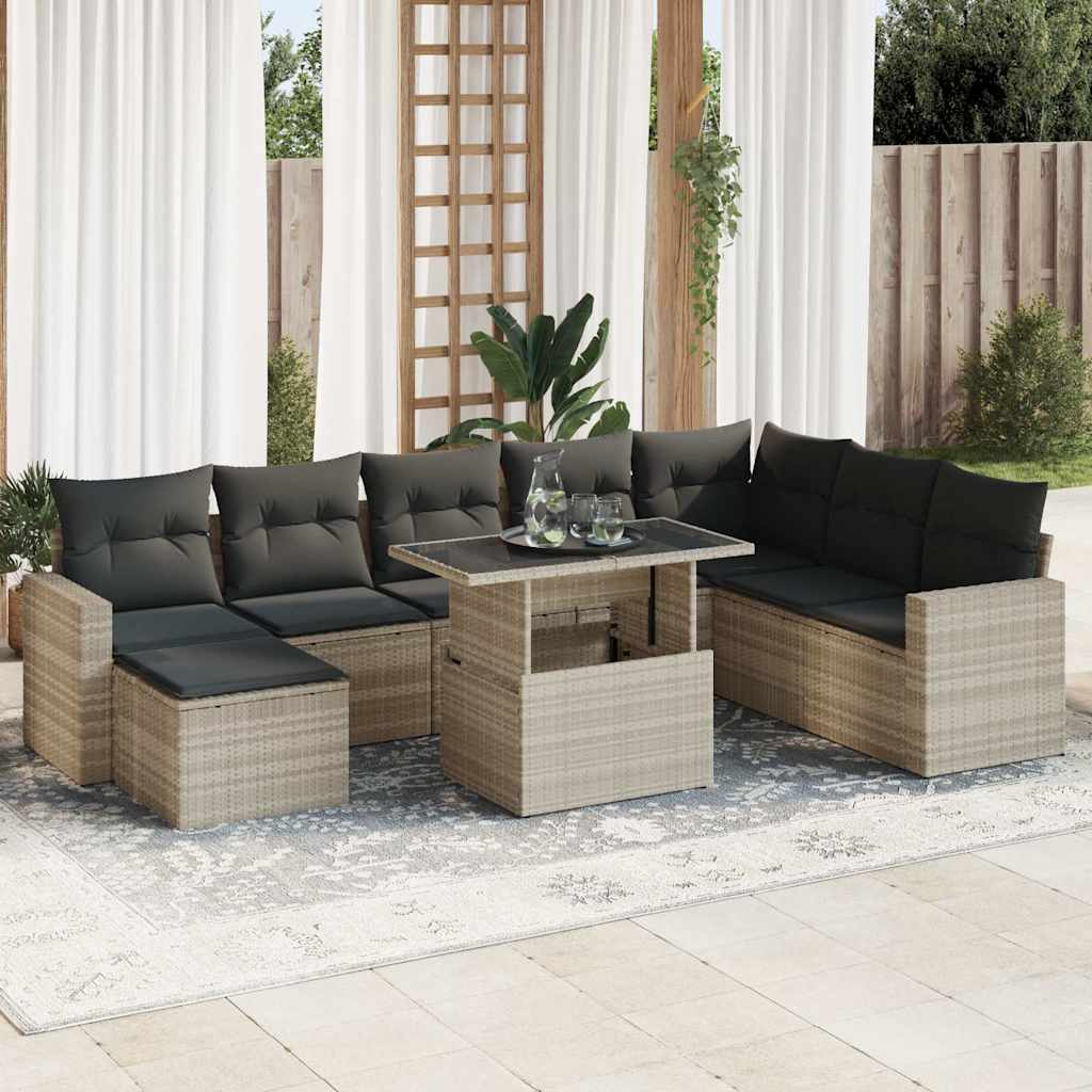 sofasæt til haven 9 dele med hynder polyrattan lysegrå