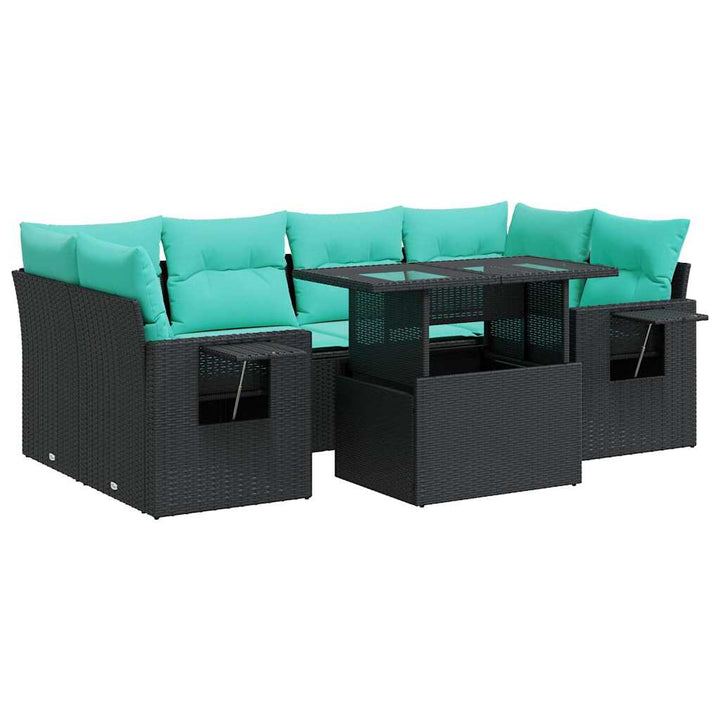sofasæt til haven 7 dele med hynder polyrattan akacietræ sort