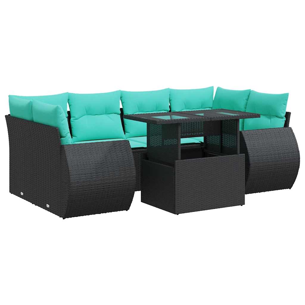 sofasæt til haven 7 dele med hynder polyrattan akacietræ sort