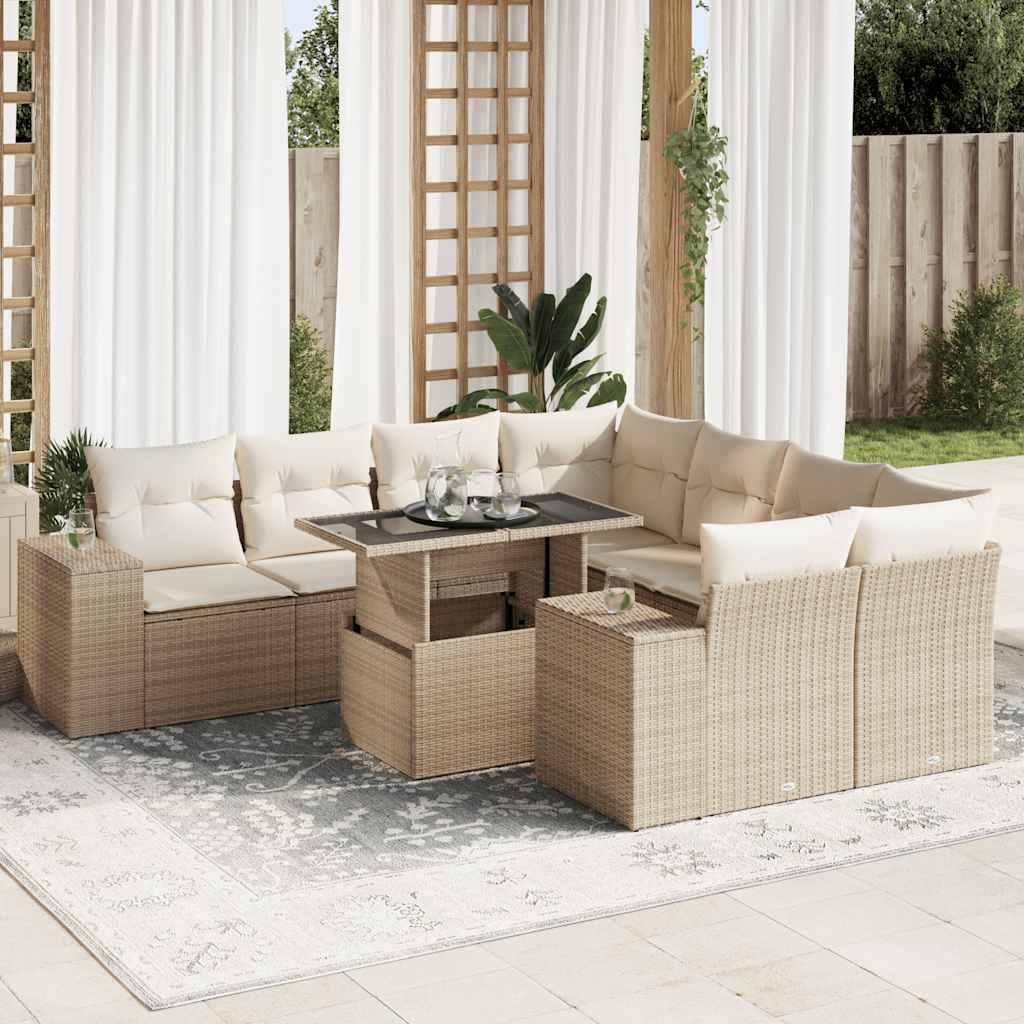 sofasæt til haven 9 dele med hynder polyrattan beige