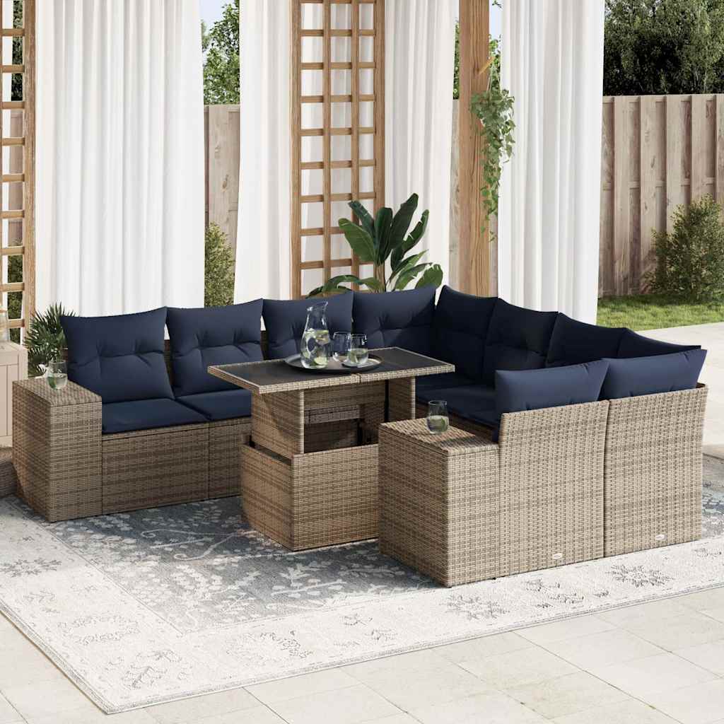 sofasæt til haven 9 dele med hynder polyrattan akacietræ grå