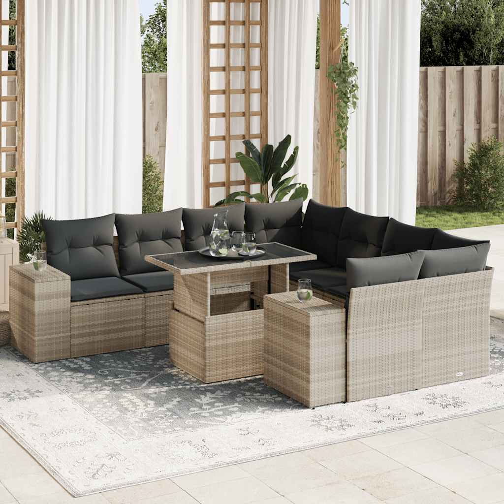 sofasæt til haven 9 dele med hynder polyrattan lysegrå
