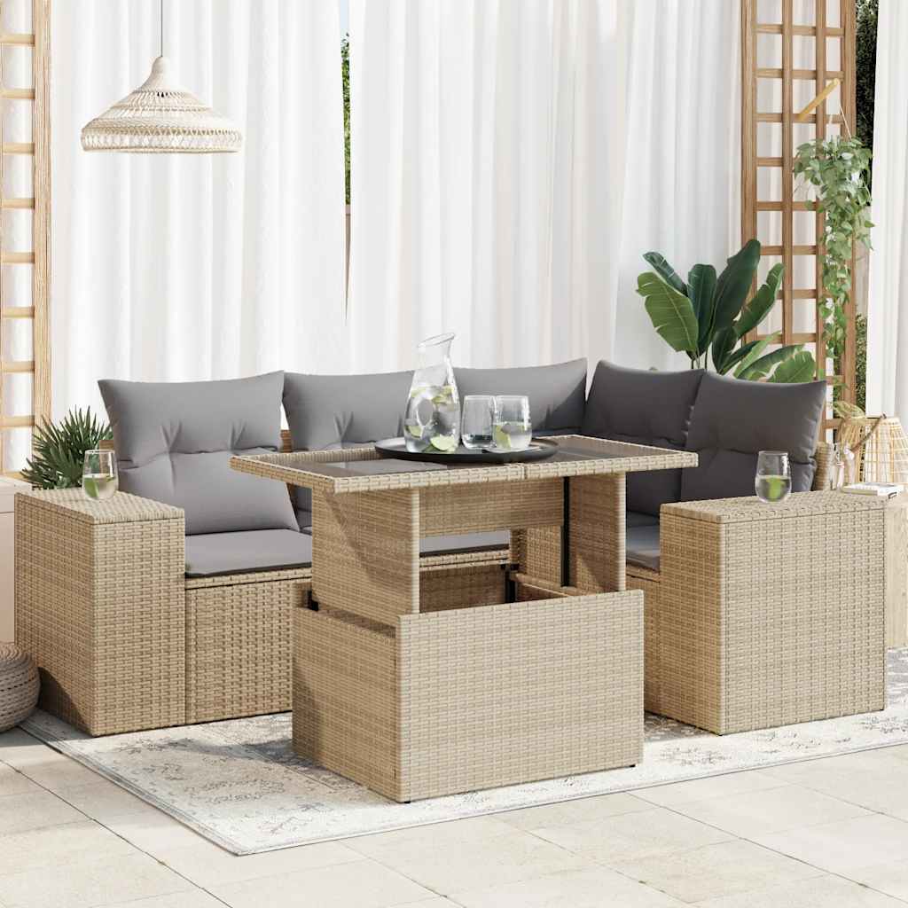 sofasæt til haven 5 dele med hynder polyrattan beige