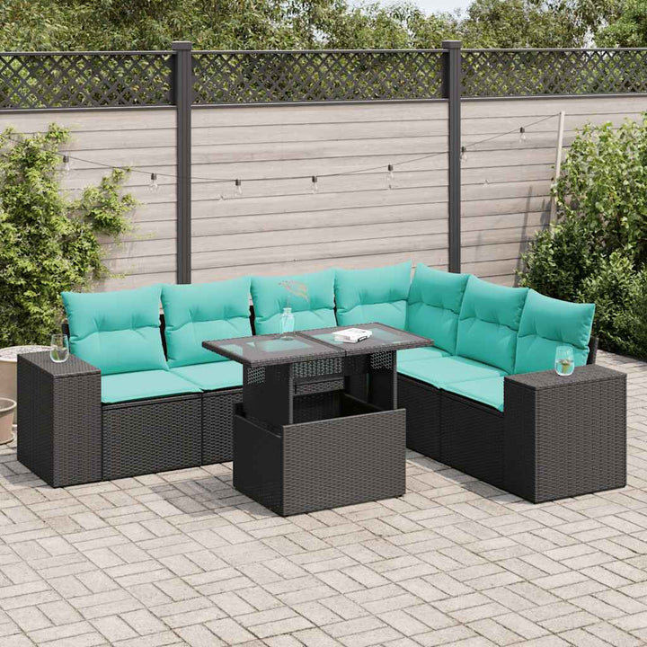 sofasæt til haven 7 dele med hynder polyrattan akacietræ sort