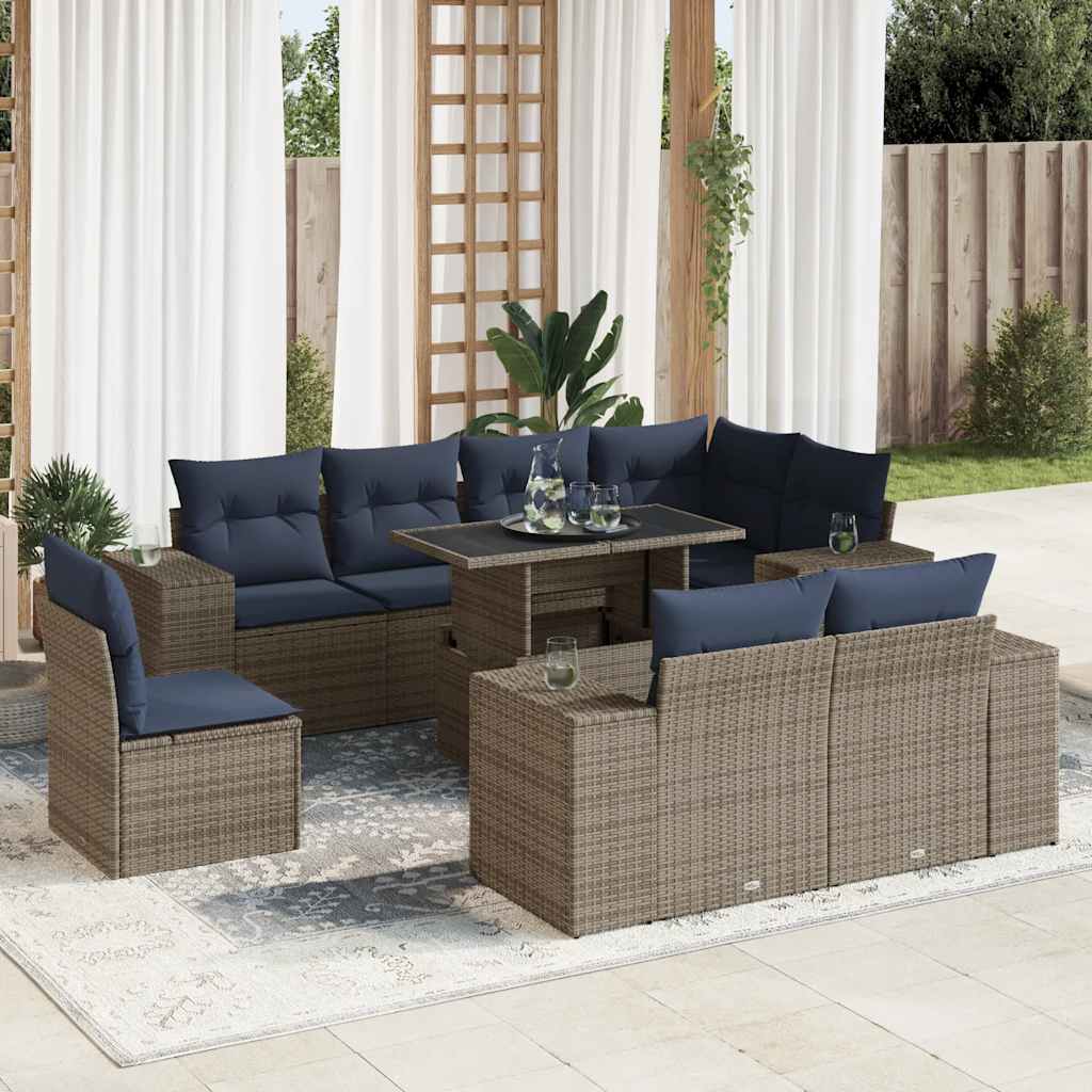 sofasæt til haven 9 dele med hynder polyrattan akacietræ grå