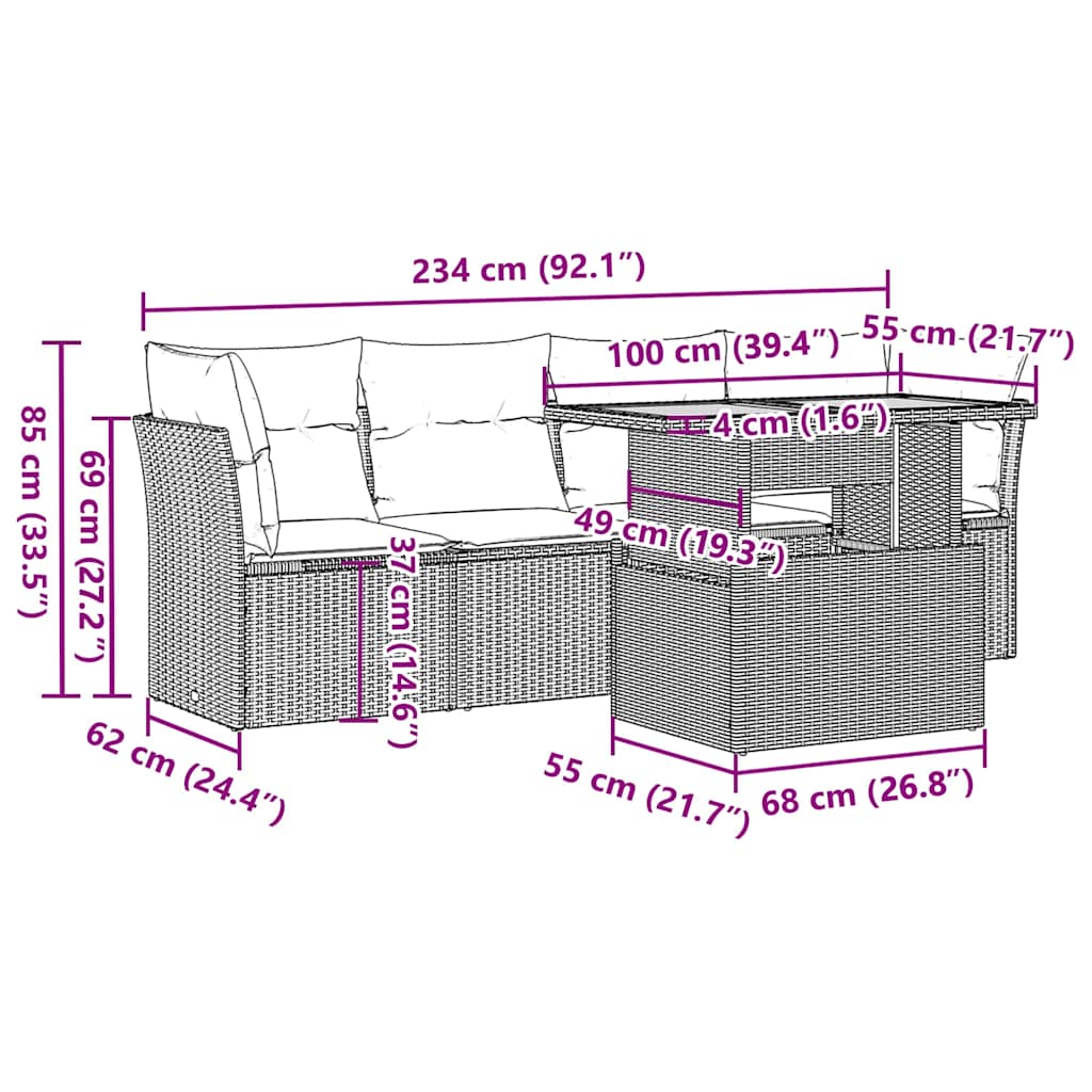 sofasæt 5 dele med hynder polyrattan grå
