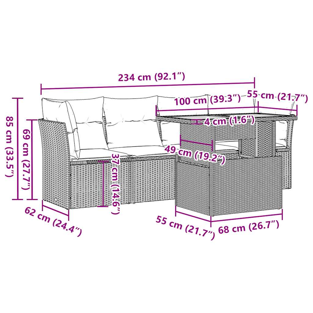 sofasæt 5 dele med hynder polyrattan grå