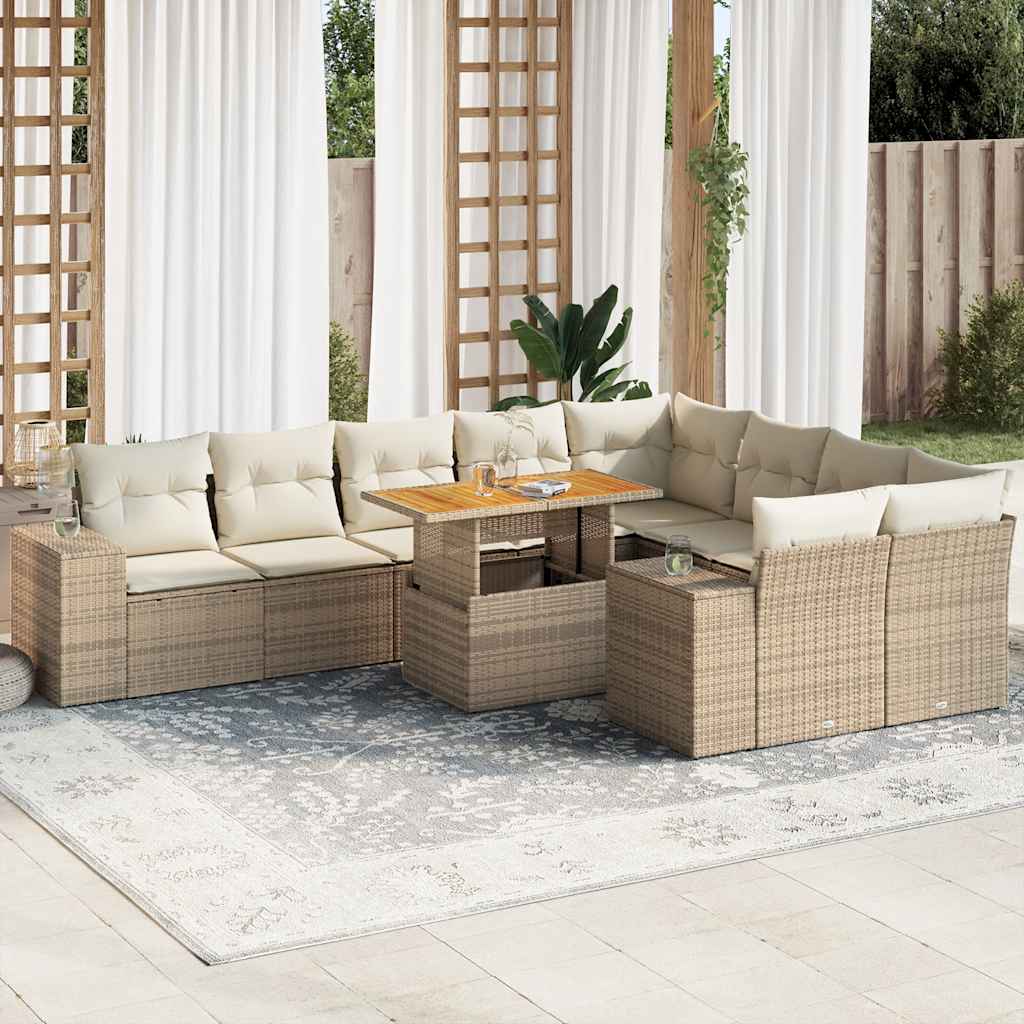 sofasæt til haven 10 dele med hynder polyrattan akacietræ beige