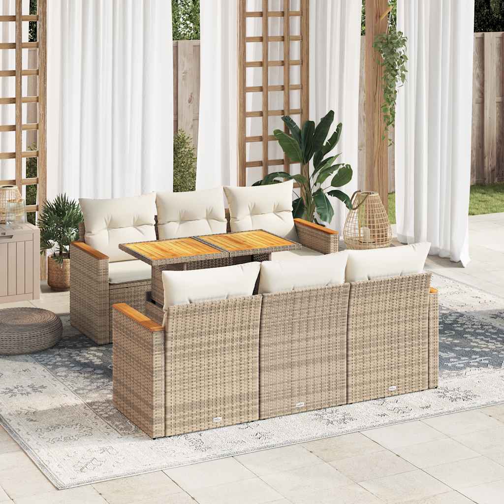 sofasæt til haven 7 dele med hynder polyrattan akacietræ beige