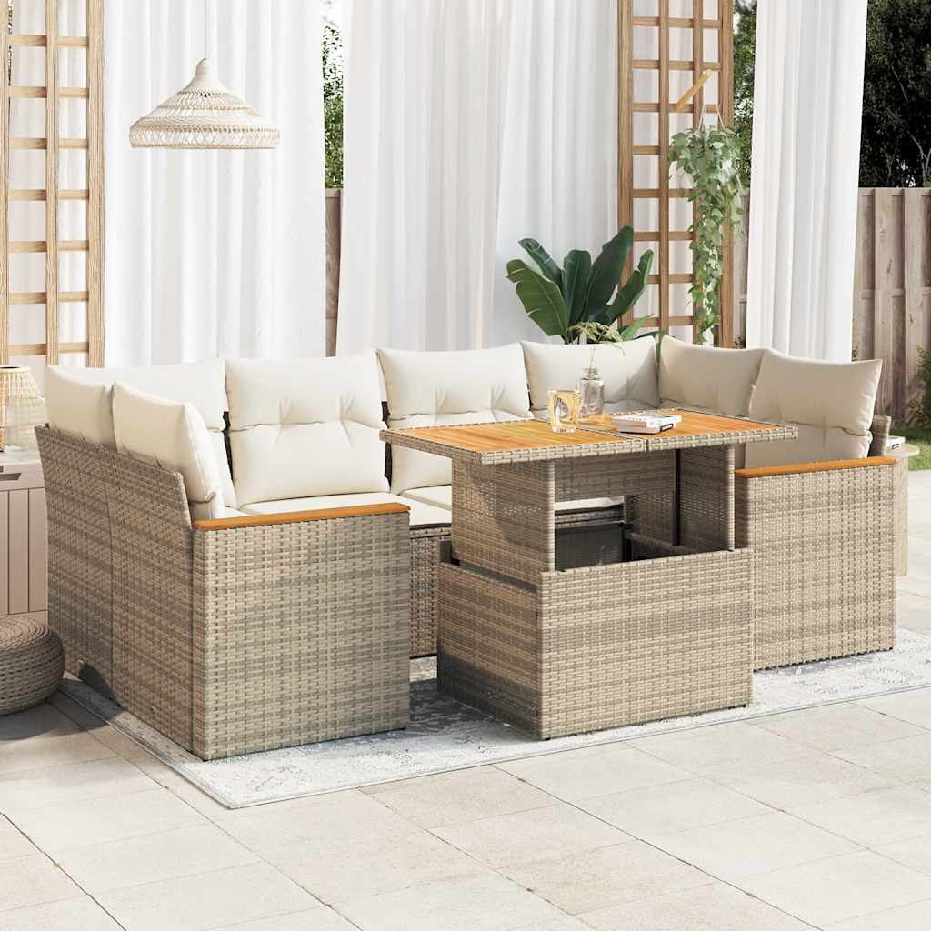 sofasæt til haven 6 dele med hynder polyrattan akacietræ beige