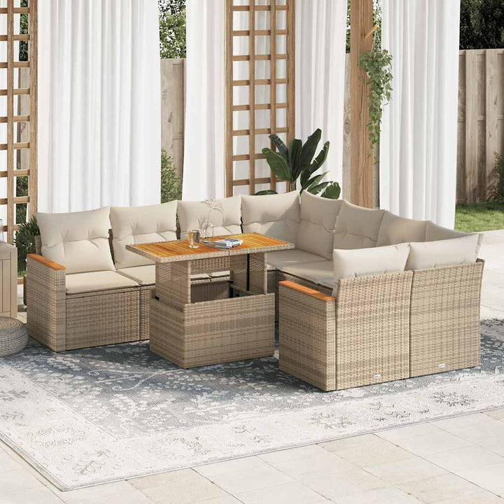 sofasæt til haven 9 dele med hynder polyrattan akacietræ beige
