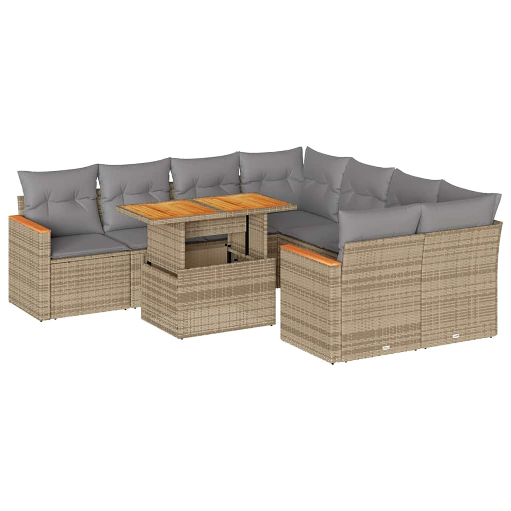 sofasæt til haven 9 dele med hynder polyrattan akacietræ beige