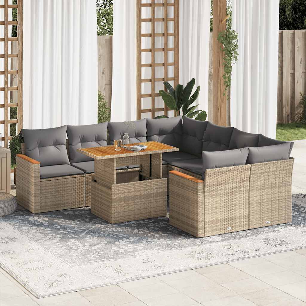 sofasæt til haven 9 dele med hynder polyrattan akacietræ beige