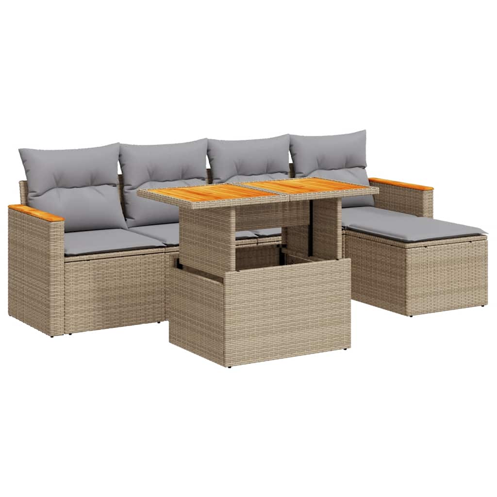 sofasæt til haven 6 dele med hynder polyrattan akacietræ beige