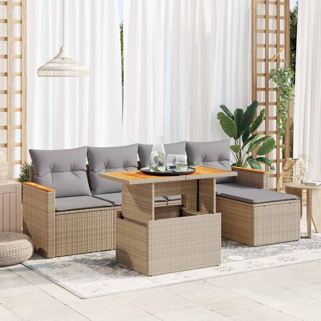 sofasæt til haven 6 dele med hynder polyrattan akacietræ beige
