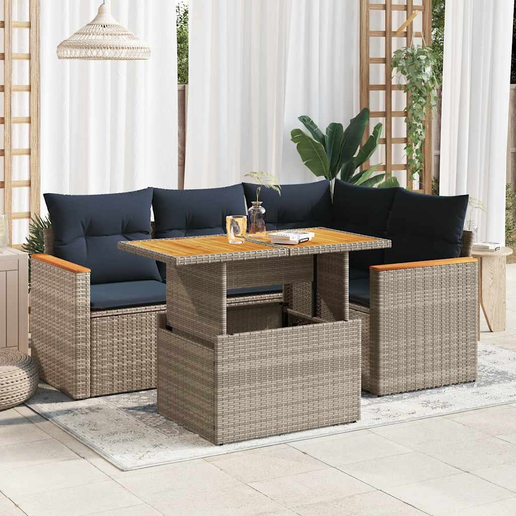 sofasæt 5 dele med hynder polyrattan grå