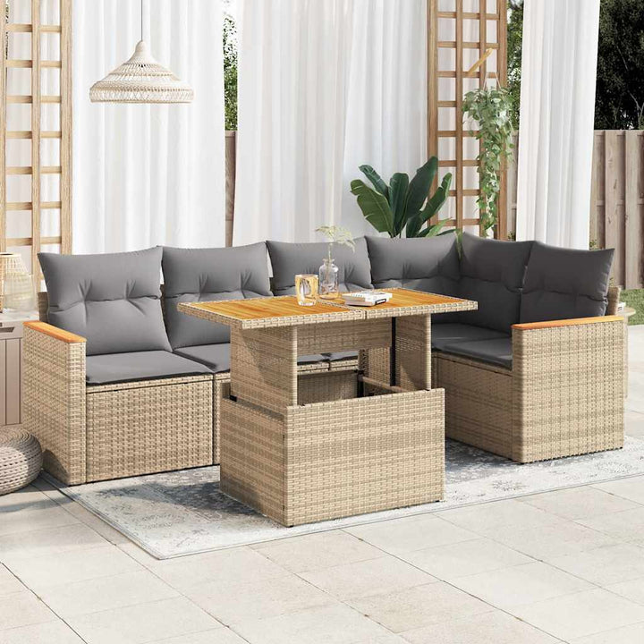 sofasæt til haven 6 dele med hynder polyrattan akacietræ beige