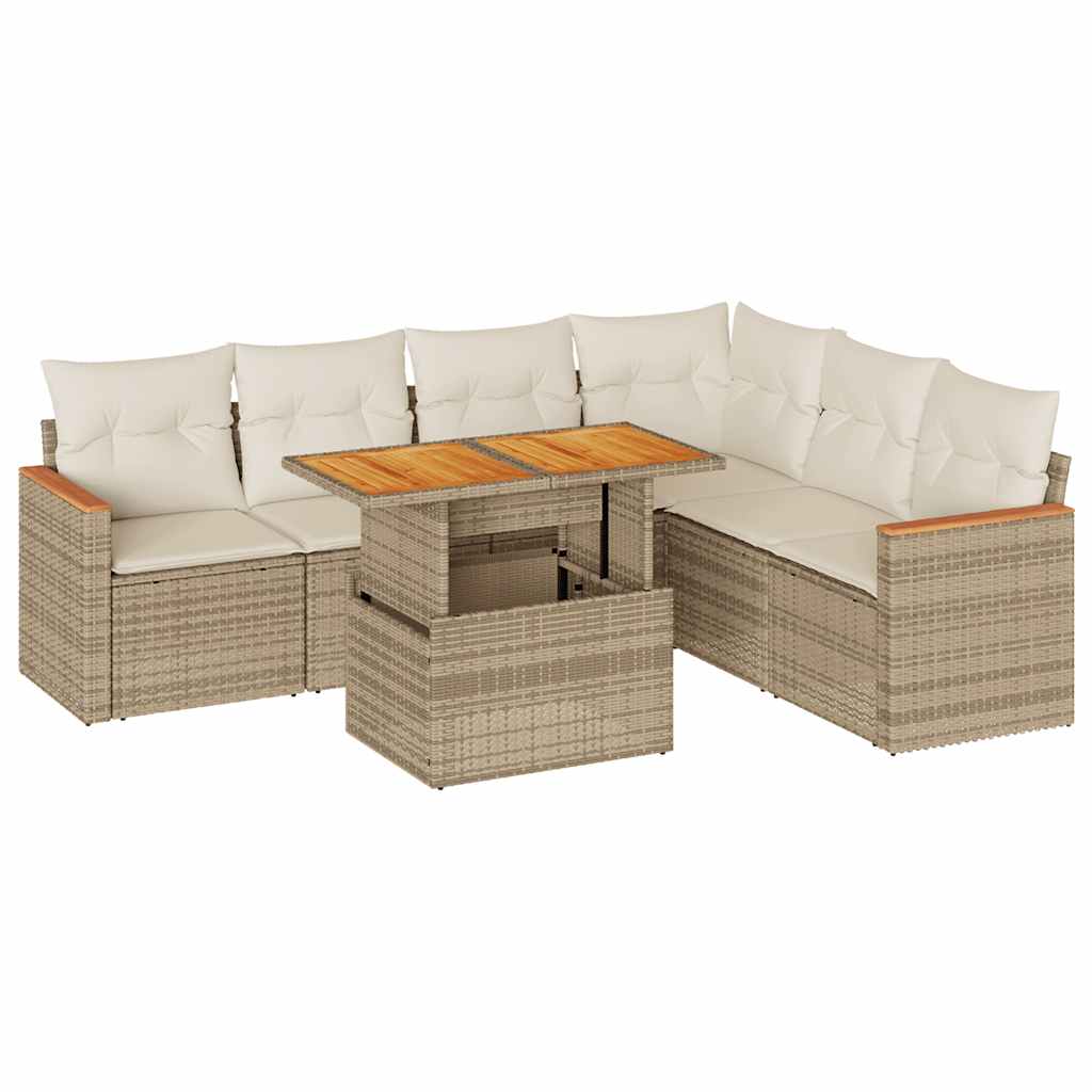 sofasæt til haven 7 dele med hynder polyrattan akacietræ beige