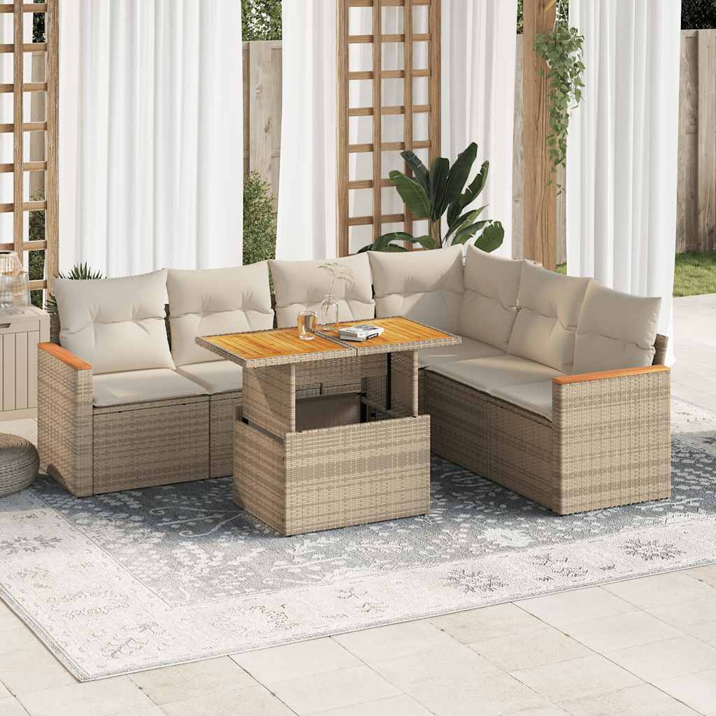 sofasæt til haven 7 dele med hynder polyrattan akacietræ beige
