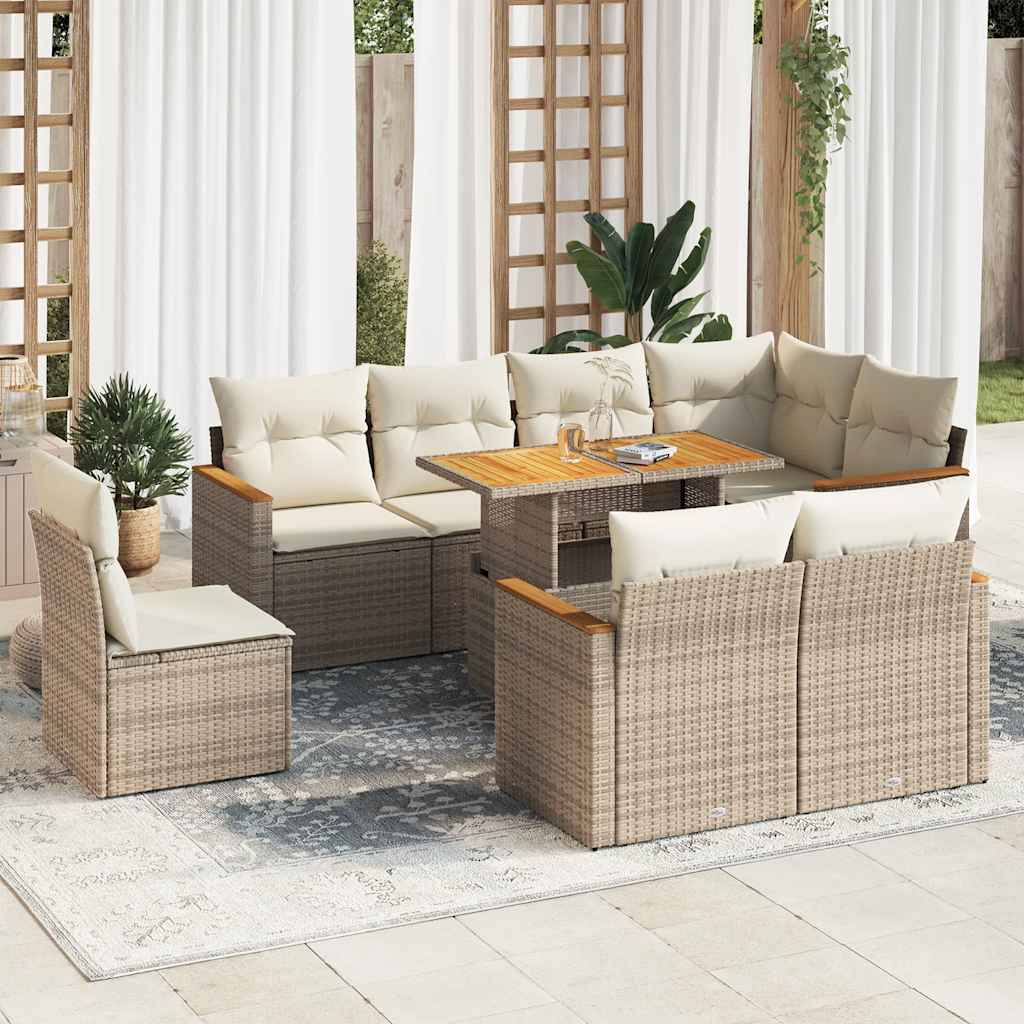 sofasæt til haven 9 dele med hynder polyrattan akacietræ beige
