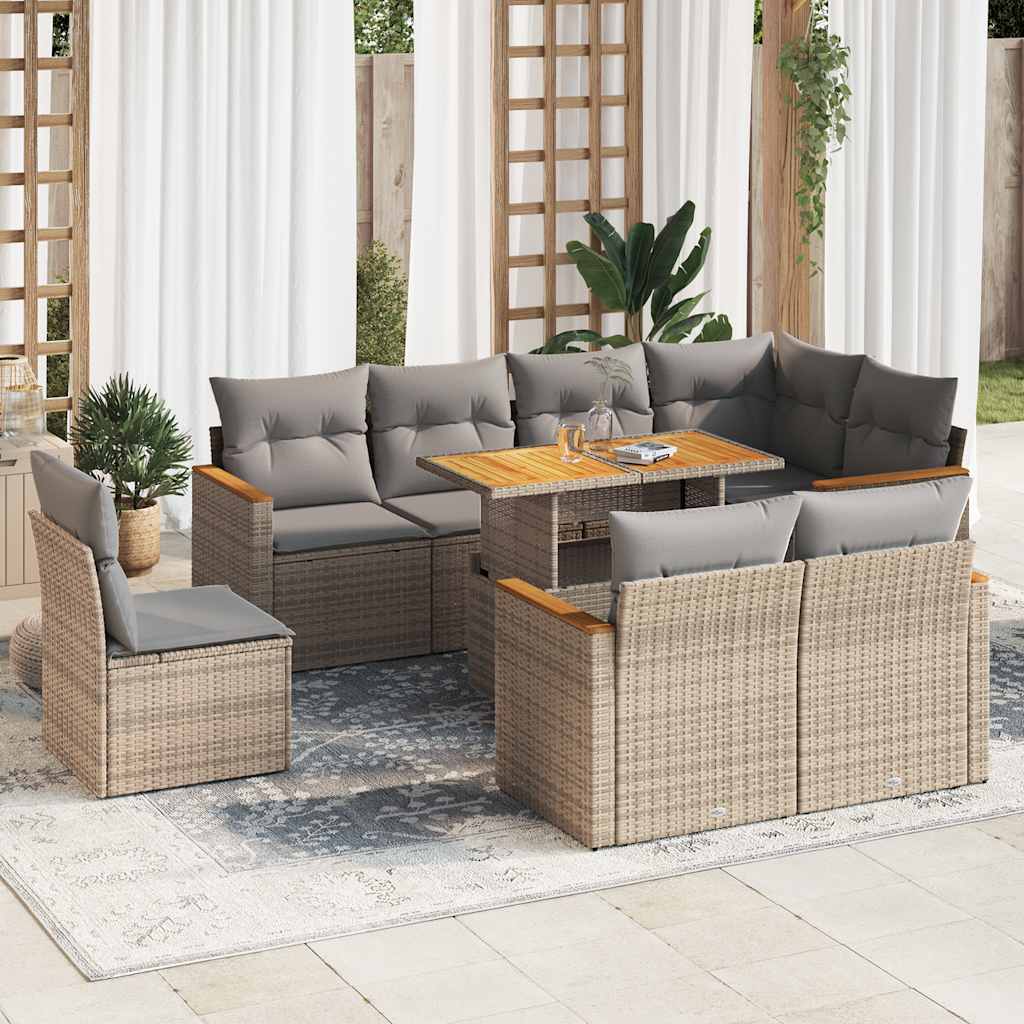 sofasæt til haven 9 dele med hynder polyrattan akacietræ beige