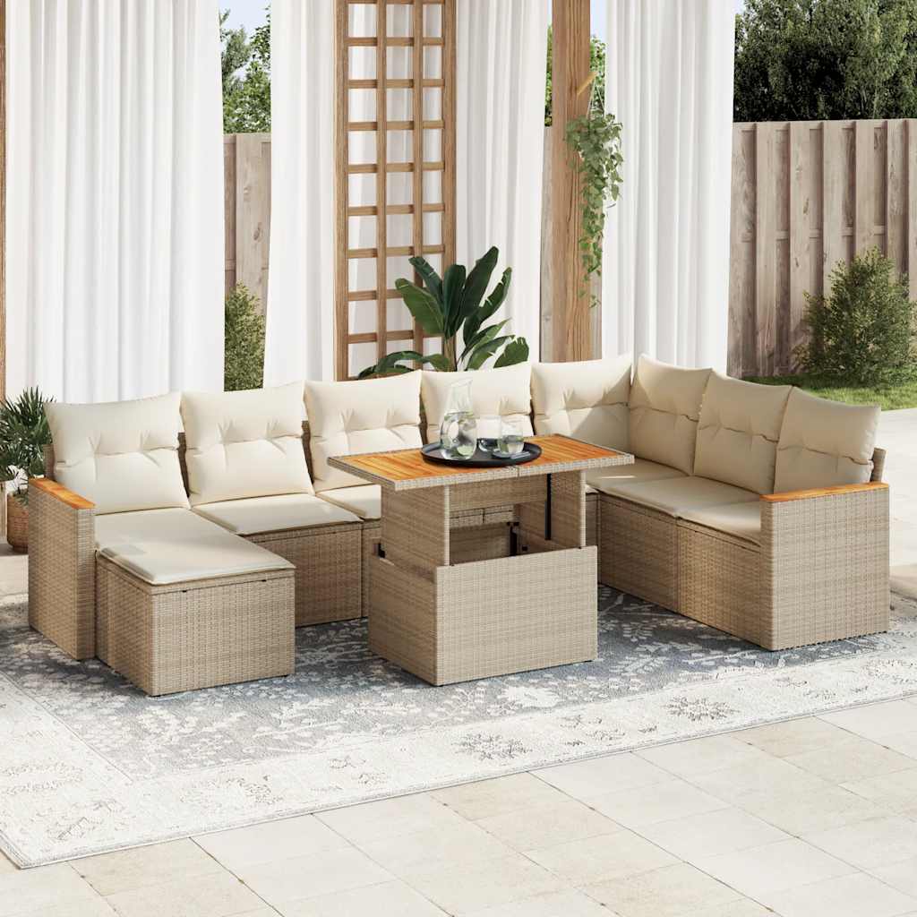 sofasæt til haven 9 dele med hynder polyrattan akacietræ beige