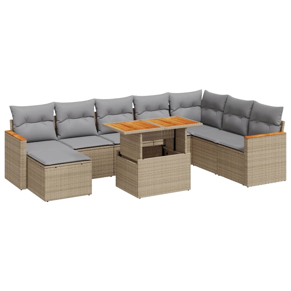 sofasæt til haven 9 dele med hynder polyrattan akacietræ beige