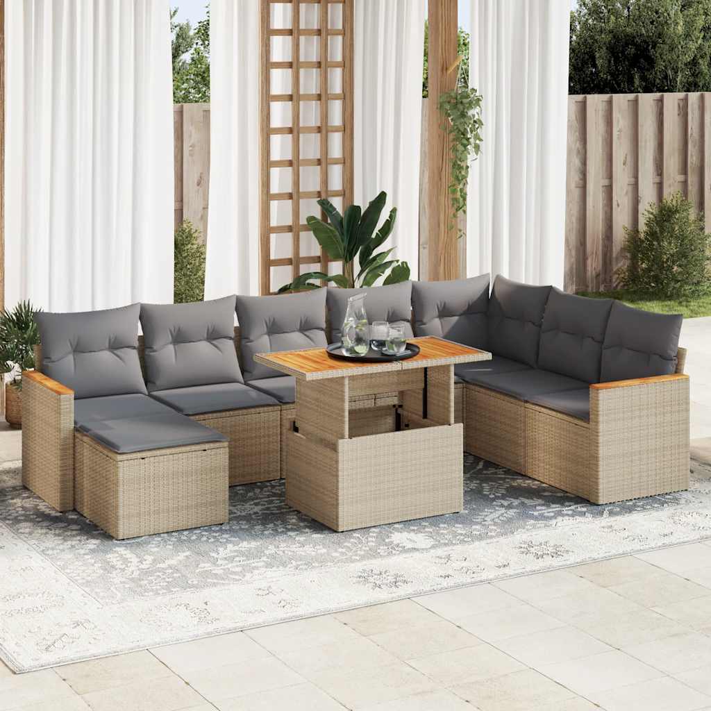 sofasæt til haven 9 dele med hynder polyrattan akacietræ beige