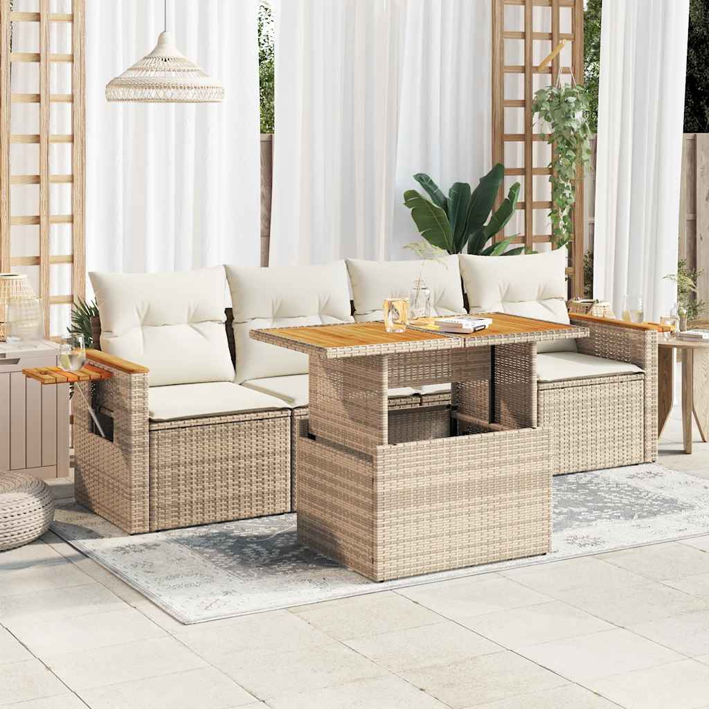 sofasæt til haven 5 dele med hynder polyrattan og akacie beige