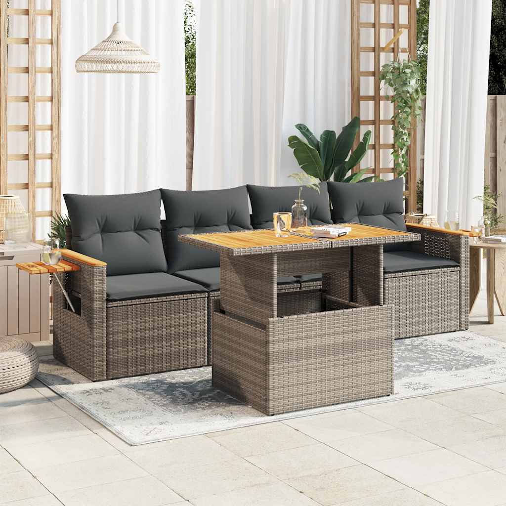 sofasæt 5 dele med hynder polyrattan akacietræ grå
