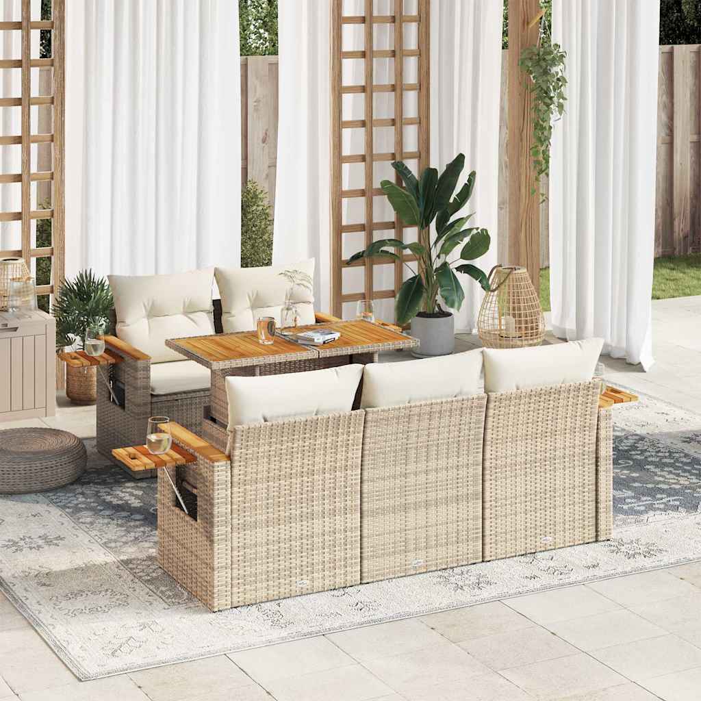 sofasæt til haven 6 dele med hynder polyrattan akacietræ beige