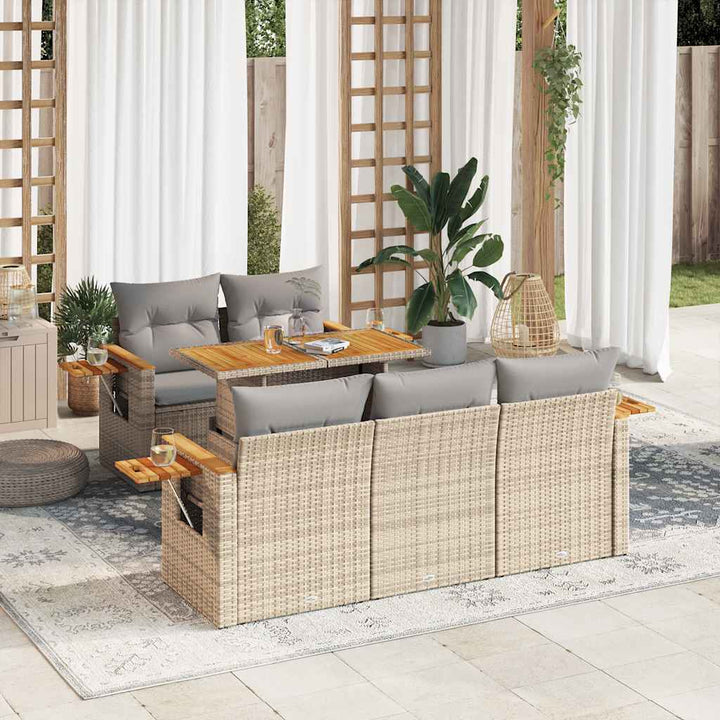 sofasæt til haven 6 dele med hynder polyrattan akacietræ beige