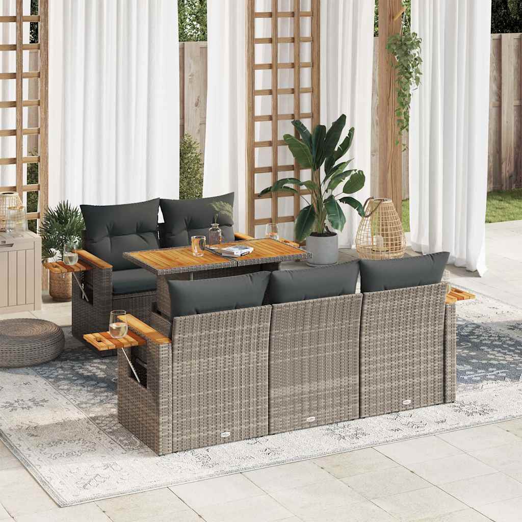 sofasæt til haven 6 dele med hynder polyrattan akacietræ grå