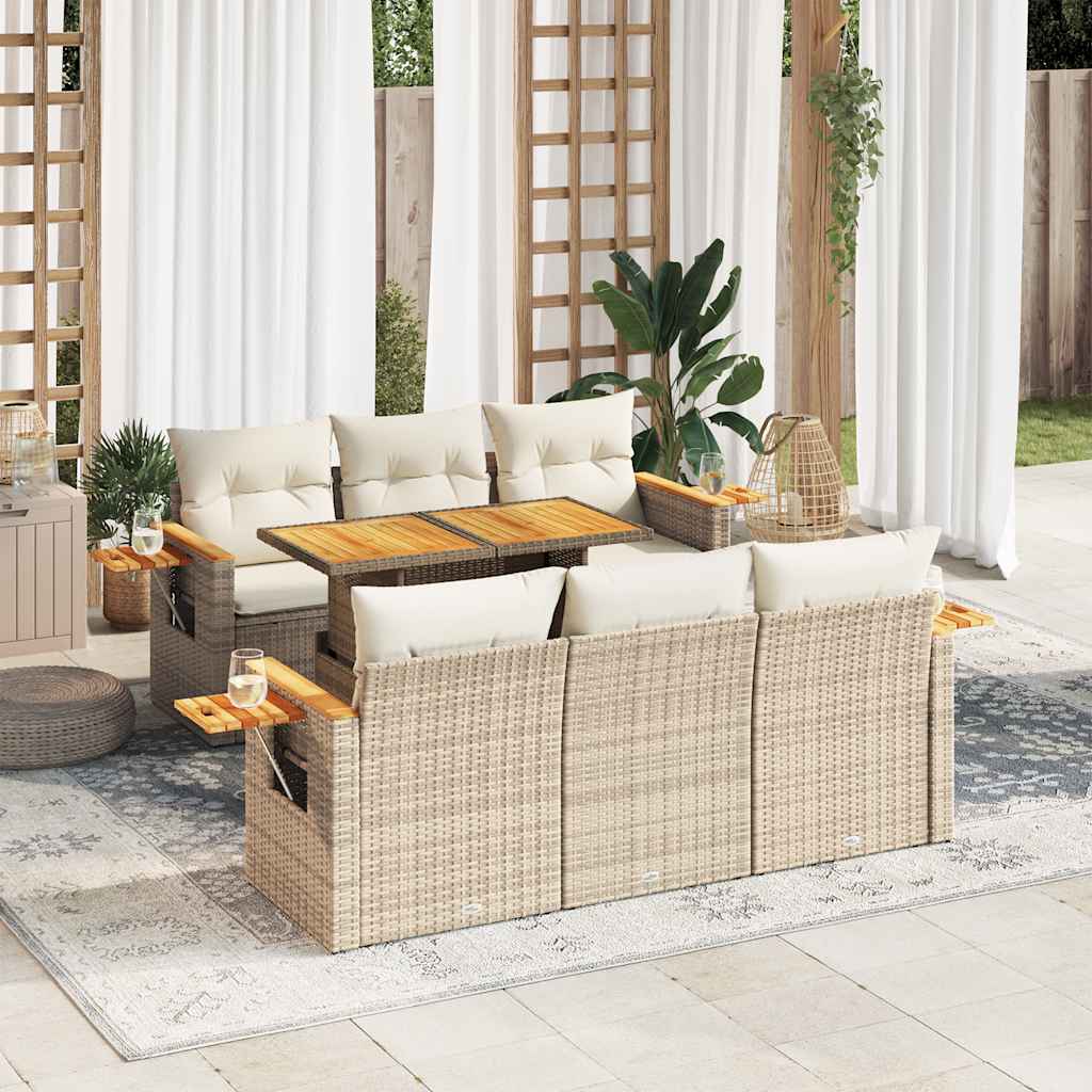 sofasæt til haven 7 dele med hynder polyrattan akacietræ beige