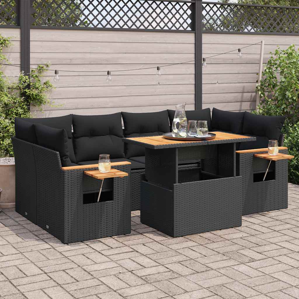 sofasæt til haven 7 dele med hynder polyrattan akacietræ sort