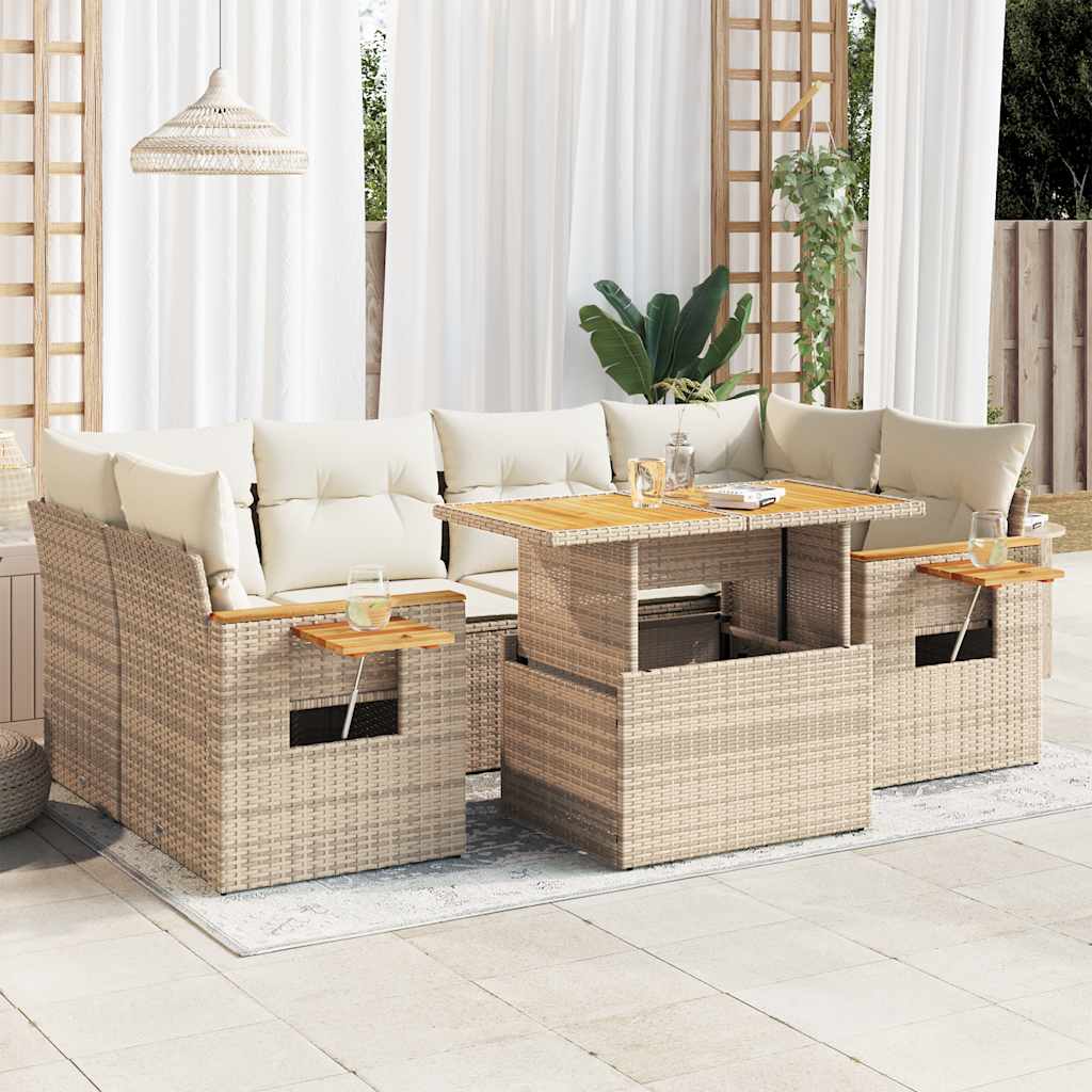sofasæt til haven 7 dele med hynder polyrattan akacietræ beige